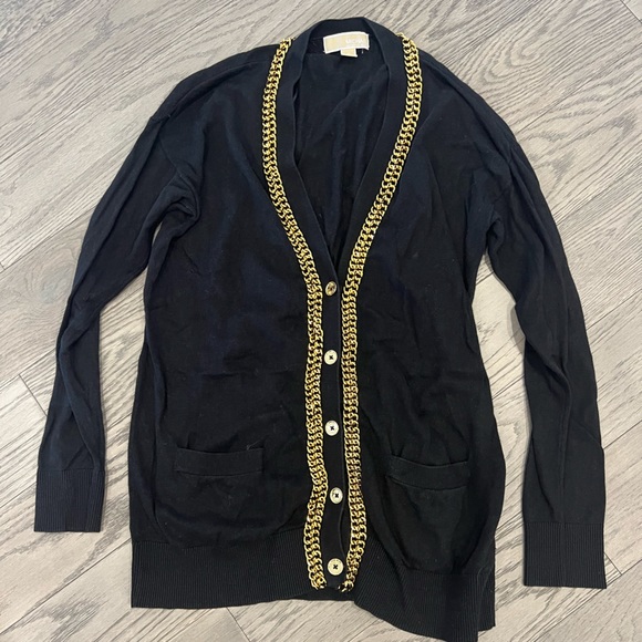 MICHAEL KORS BLACK CARDIGAN WITH GOLD CHAIN ACCENTS - Picture 1 of 1